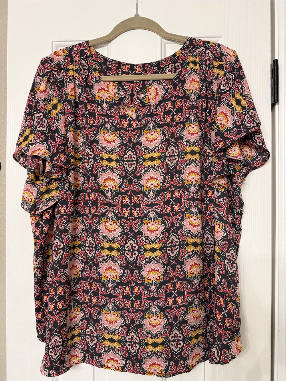 Women’s Black Floral Ruffle Sleeve Top - Pink & Yellow Pattern